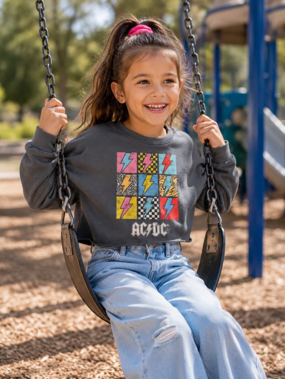 AC/DC Kids Dark Gray Cropped Sweatshirt with Multicolor Lightning Grid